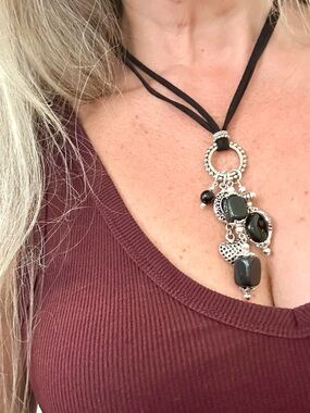 Black Beaded Pendant Necklace with Silver Accents